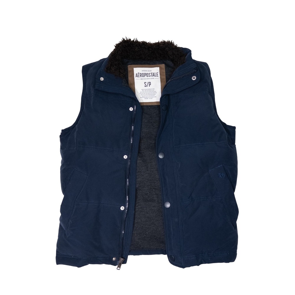 Aeropostale Puffer Vest Mens Small Navy Blue Excellent Faux Fur Down Fill Padded
